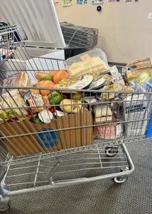 A shopper's full cart of groceries from Packed with Pride